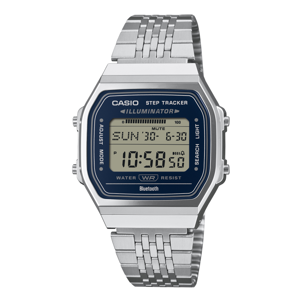Collection Vintage - ABL-100WE-2AEF - Montre Casio – boîtier argenté, affichage numérique sur fond bleu, bracelet en acier inoxydable – vue de face