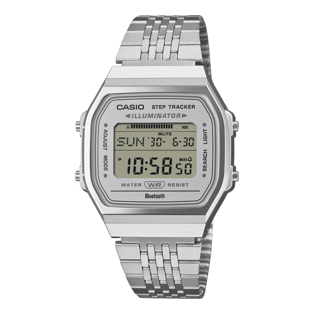 Collection Vintage - ABL-100WE-7AEF - Montre Casio – boîtier argenté en résine chromée, écran numérique, bracelet en acier inoxydable argenté – vue de face