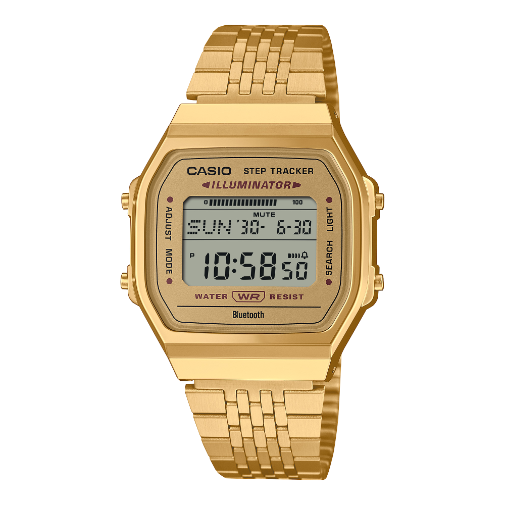 Collection Vintage - ABL-100WEG-9AEF - Montre Casio – boîtier doré, écran numérique, bracelet multi-mailles en acier doré – vue de face