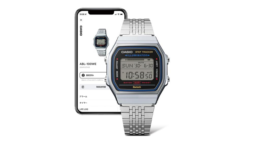 Collection Vintage - ABL-100WE-1AEF - Montre Casio – boîtier argenté chromé, écran numérique sur fond noir, bracelet en acier inoxydable à mailles – vue 5