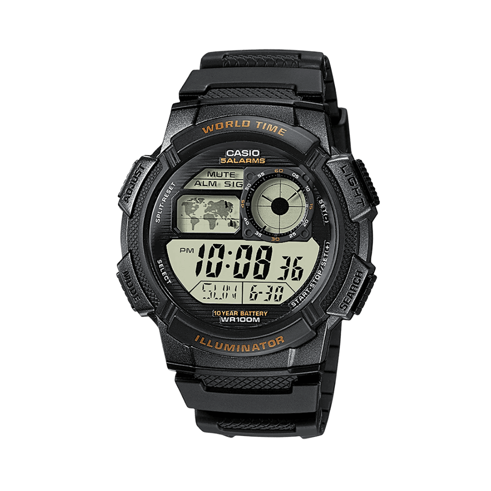 Collection Timeless - AE-1000W-1AVEF - Montre Casio – boîtier en résine noire avec carte du monde à l'écran, bracelet en résine noire – vue de face
