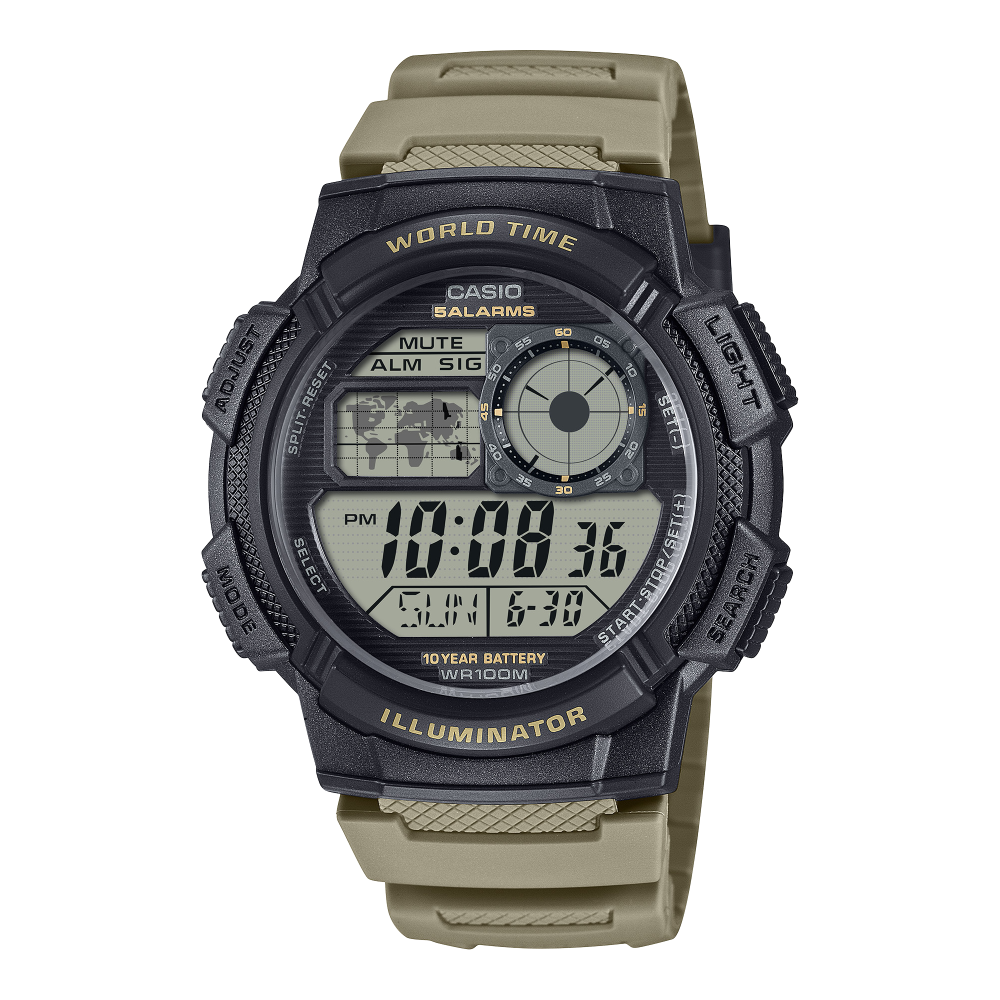 Collection Timeless - AE-1000W-5AVEF - Montre Casio – montre numérique, boîtier en résine marron avec carte du monde, bracelet en résine marron – vue de face