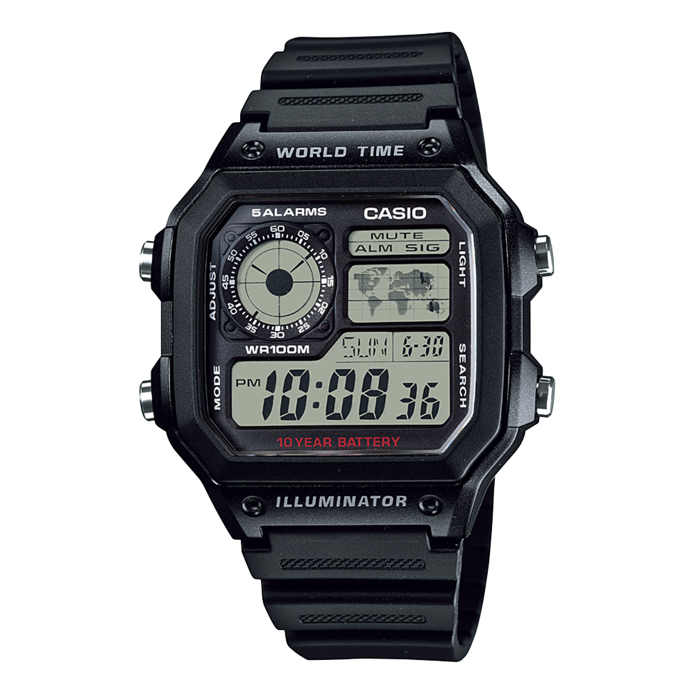 Collection Timeless - AE-1200WH-1AVEF - Montre Casio – boîtier en résine noire avec carte du monde à l'écran, bracelet en résine noir – vue de face