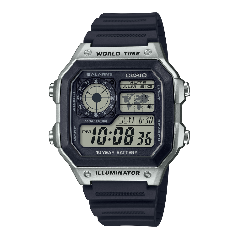 Collection Timeless - AE-1200WH-1CVEF - Montre Casio – boîtier en résine noire, écran numérique avec carte du monde, bracelet en résine noir – vue de face