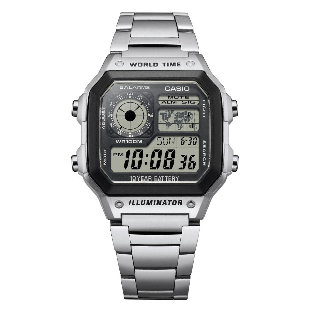 Collection Timeless - AE-1200WHD-1AVEF - Montre Casio – boîtier en résine noire avec carte du monde à l'écran, bracelet en acier inoxydable argenté – vue 4
