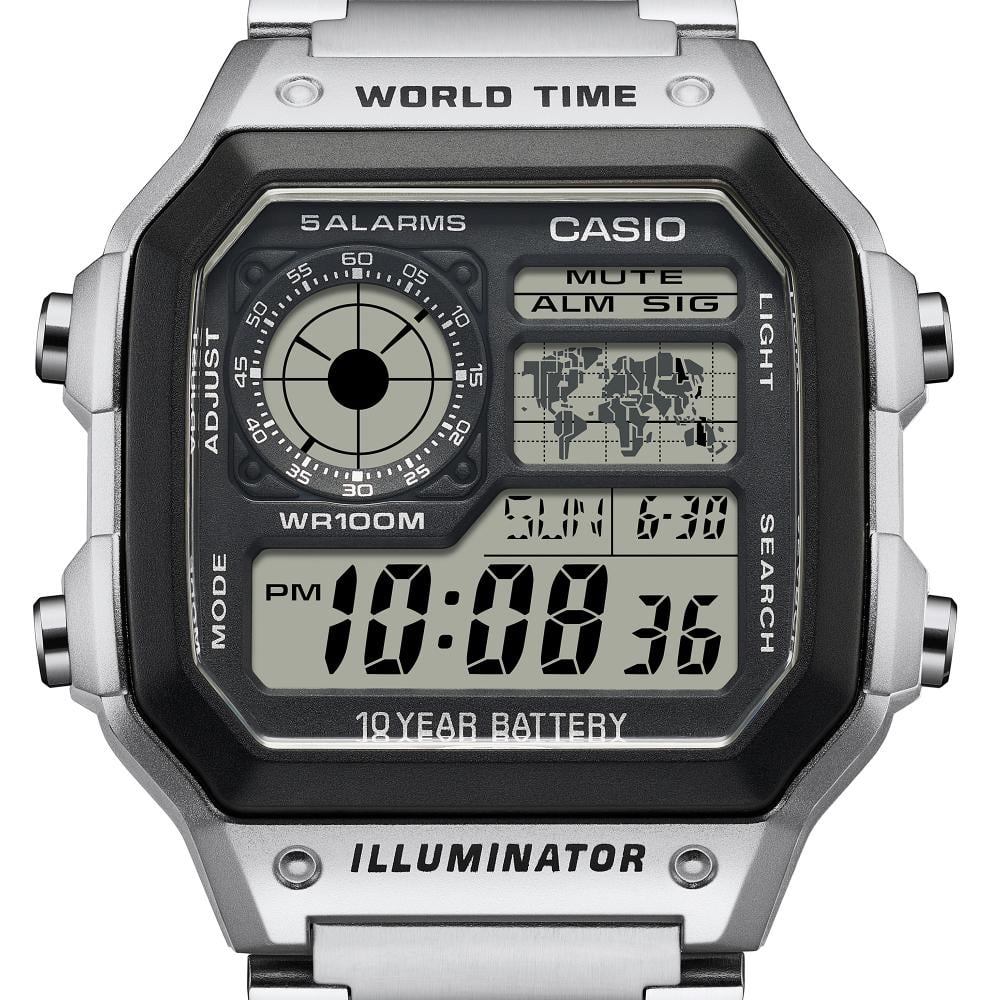 Collection Timeless - AE-1200WHD-1AVEF - Montre Casio – boîtier en résine noire avec carte du monde à l'écran, bracelet en acier inoxydable argenté – vue 5