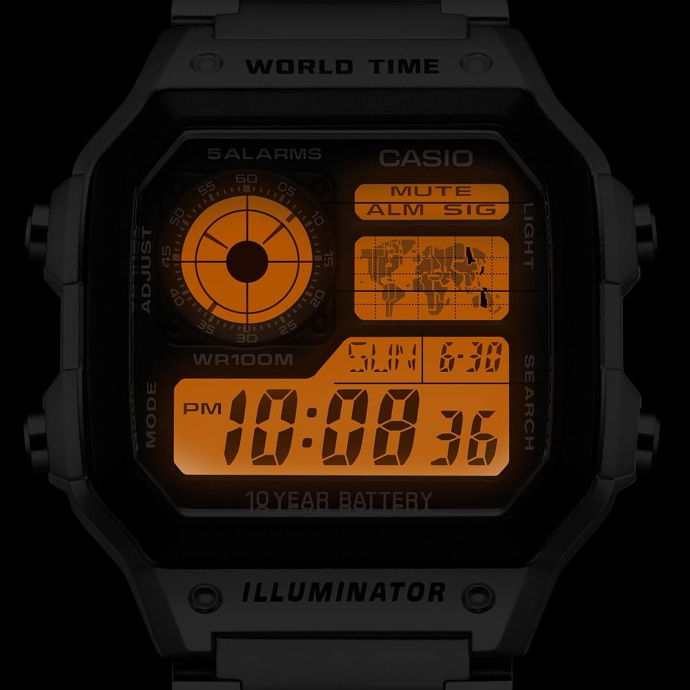 Collection Timeless - AE-1200WHD-1AVEF - Montre Casio – boîtier en résine noire avec carte du monde à l'écran, bracelet en acier inoxydable argenté – vue 6
