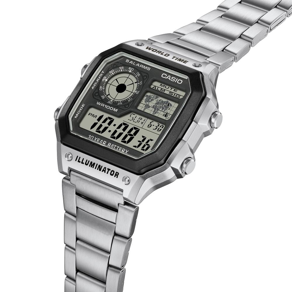 Collection Timeless - AE-1200WHD-1AVEF - Montre Casio – boîtier en résine noire avec carte du monde à l'écran, bracelet en acier inoxydable argenté – vue 7