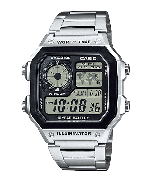 Collection Timeless - AE-1200WHD-1AVEF - Montre Casio – boîtier en résine noire avec carte du monde à l'écran, bracelet en acier inoxydable argenté – vue de face