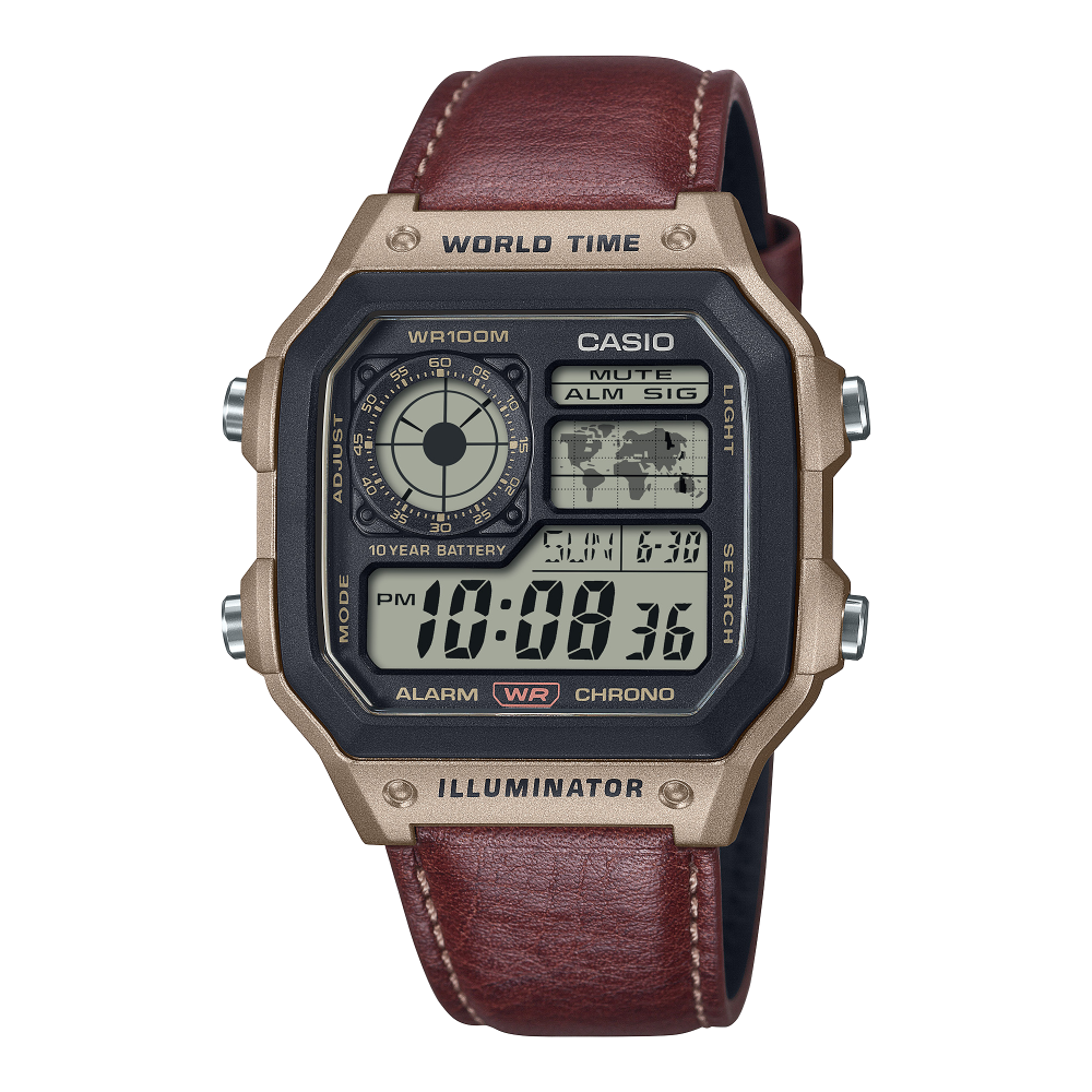 Collection Timeless - AE-1200WHL-5AVEF - Montre Casio – boîtier en résine avec écran carte du monde, bracelet en cuir marron – vue de face