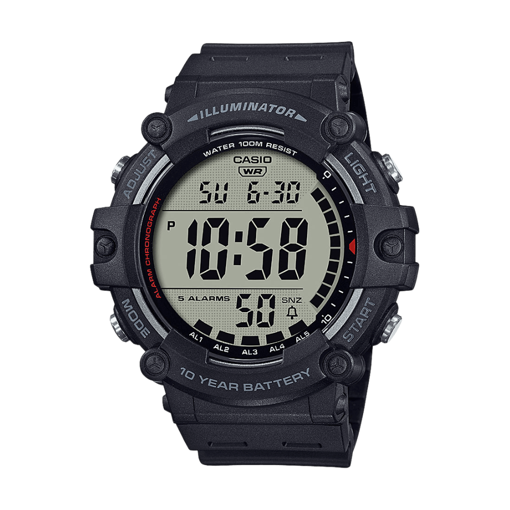 Collection Timeless - AE-1500WH-1AVEF - Montre Casio – boîtier en résine noire, grand écran numérique, bracelet en résine noire – vue de face