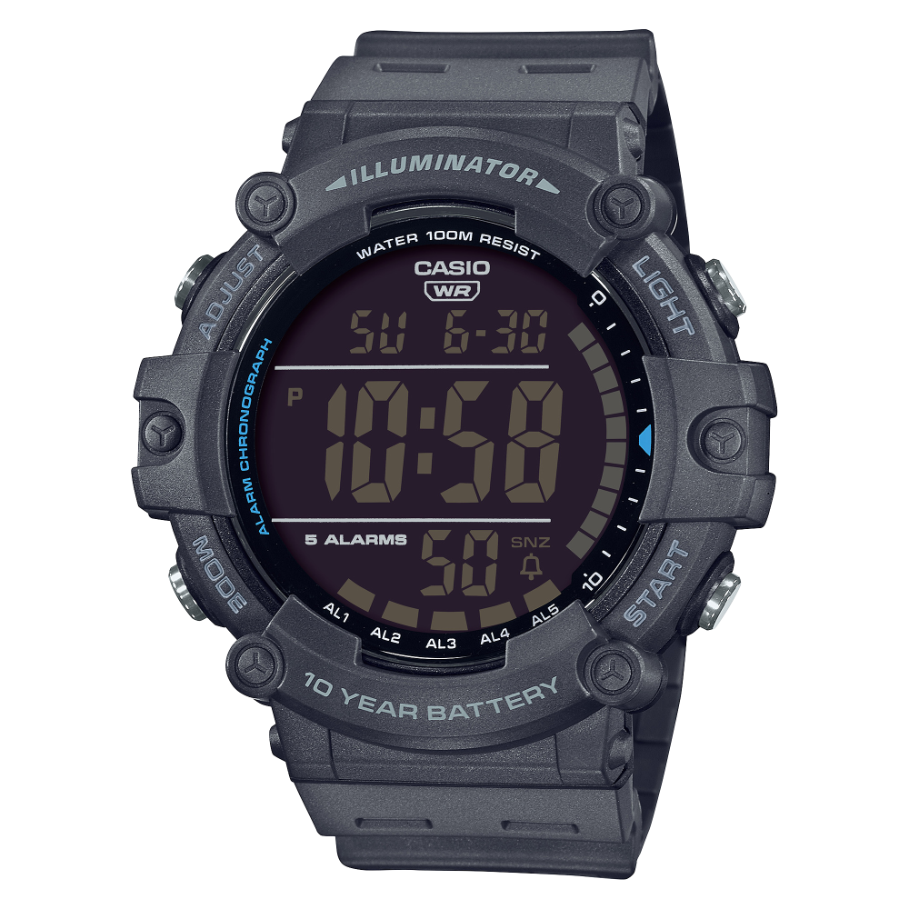 Collection Timeless - AE-1500WH-8BVEF - Montre Casio – boîtier en résine grise, grand écran numérique, bracelet en résine grise – vue de face