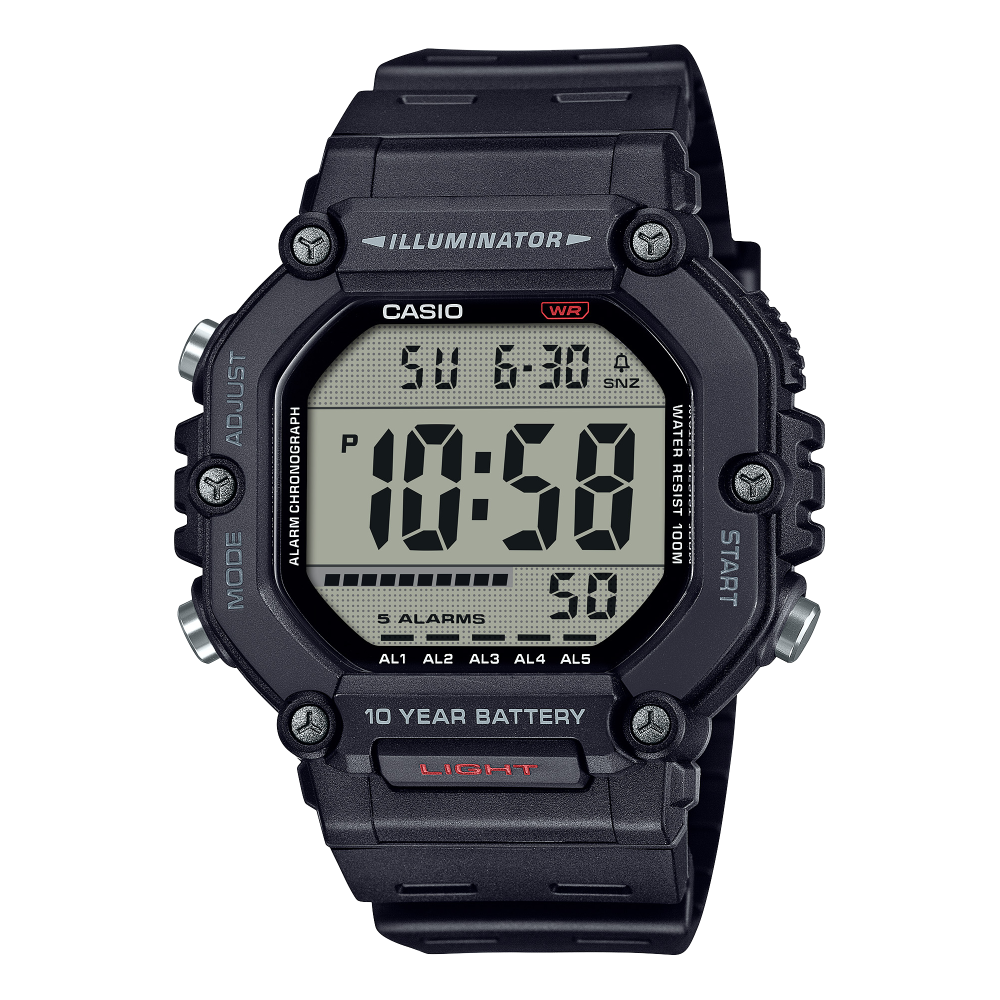 Collection Timeless - AE-1600H-1AVEF - Montre Casio – boîtier en résine noire, large écran LCD, bracelet en résine noire – vue de face