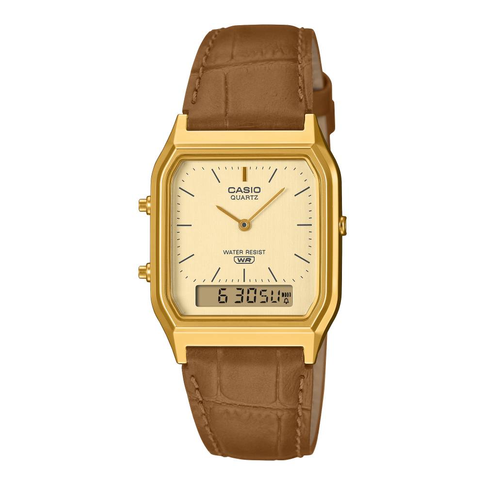 Collection Vintage - AQ-230EGL-9AEF - Montre Casio – boîtier compact doré, bracelet en cuir gaufré, affichage analogique et numérique – vue de face