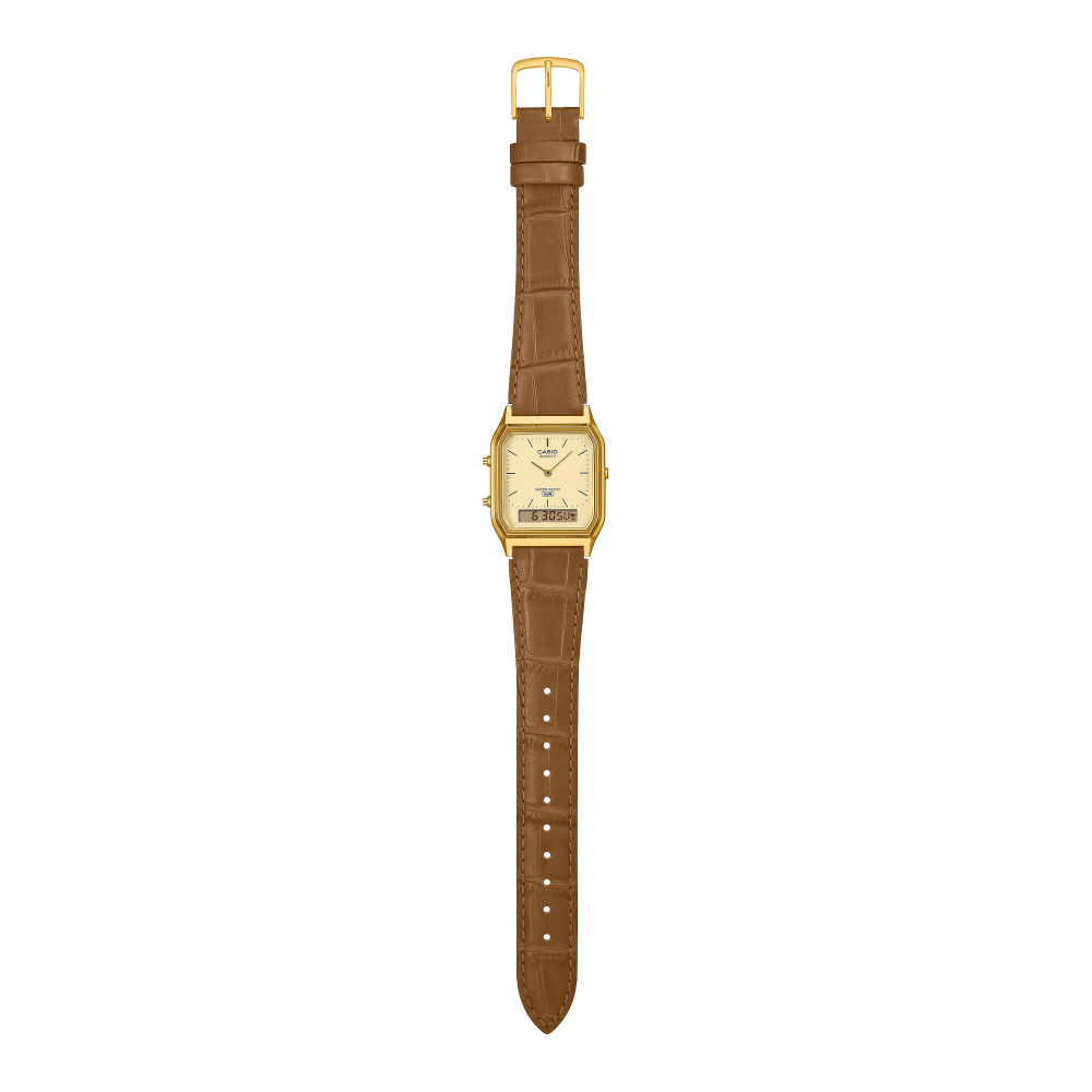Collection Vintage - AQ-230EGL-9AEF - Montre Casio – boîtier compact doré, bracelet en cuir gaufré, affichage analogique et numérique – vue 3