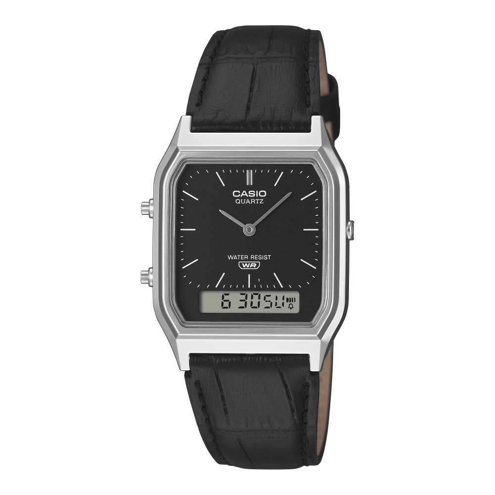 Collection Vintage - AQ-230EL-1AEF - Montre Casio – boîtier argenté anguleux, cadran à aiguilles et écran numérique, bracelet en cuir noir gaufré – vue de face