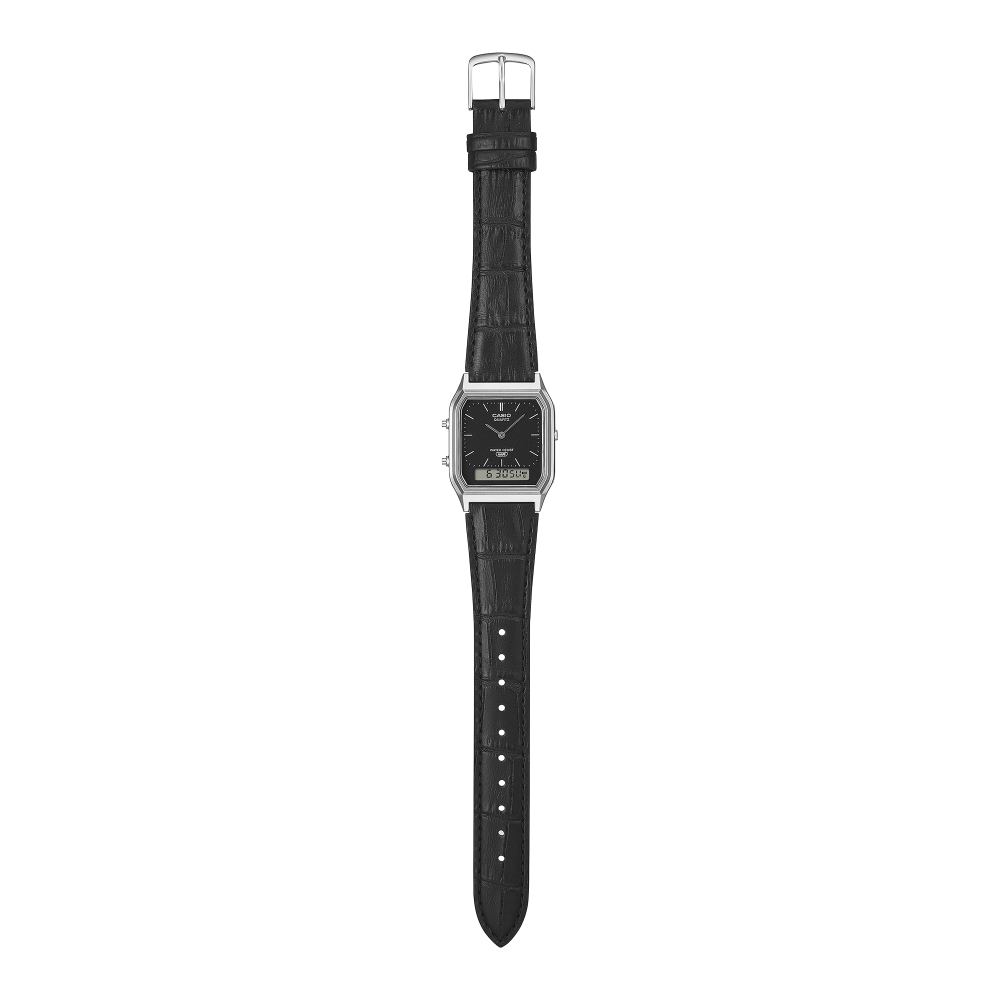 Collection Vintage - AQ-230EL-1AEF - Montre Casio – boîtier argenté anguleux, cadran à aiguilles et écran numérique, bracelet en cuir noir gaufré – vue 3