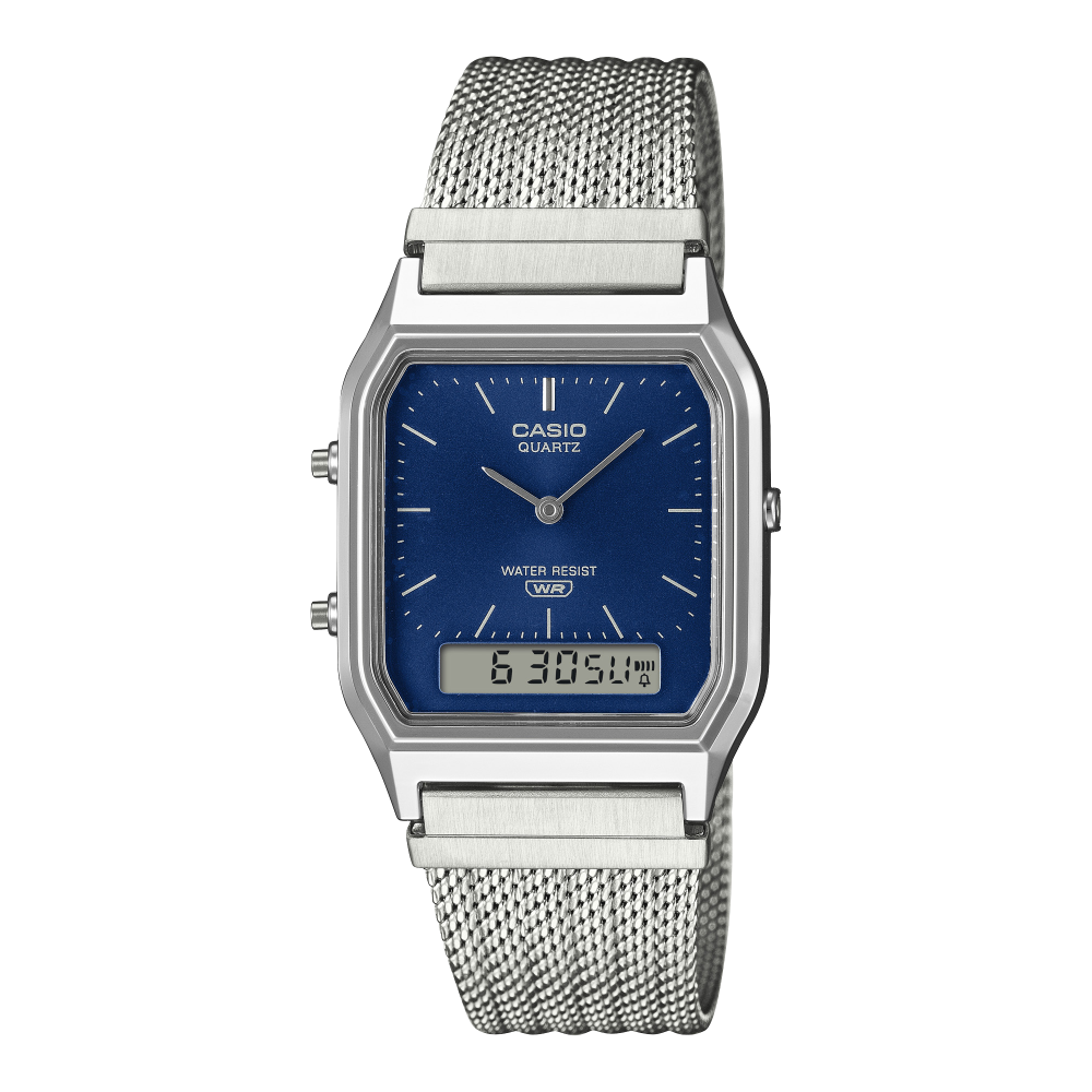Collection Vintage - AQ-230EM-2AEF - Montre Casio – boîtier argenté, cadran bleu marine à aiguilles et écran numérique, bracelet maille en acier inoxydable – vue de face