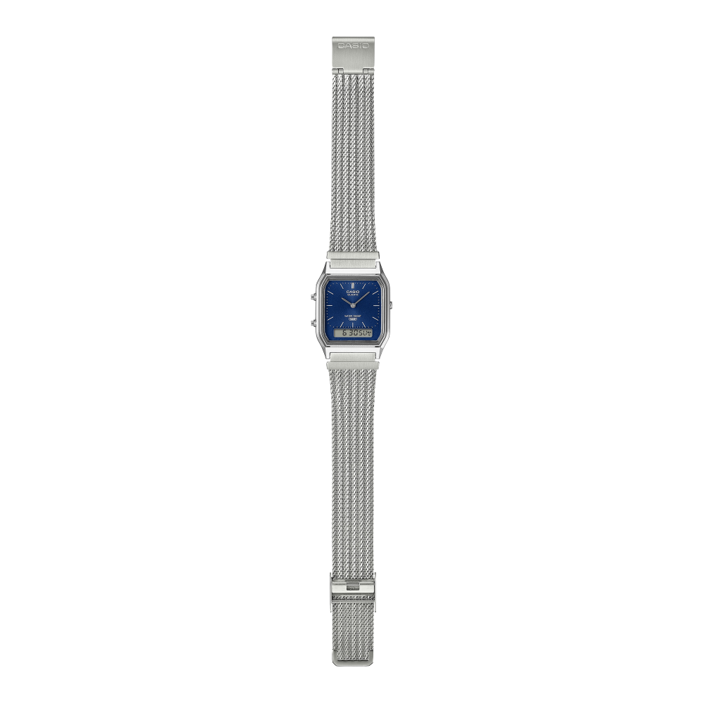 Collection Vintage - AQ-230EM-2AEF - Montre Casio – boîtier argenté, cadran bleu marine à aiguilles et écran numérique, bracelet maille en acier inoxydable – vue 6