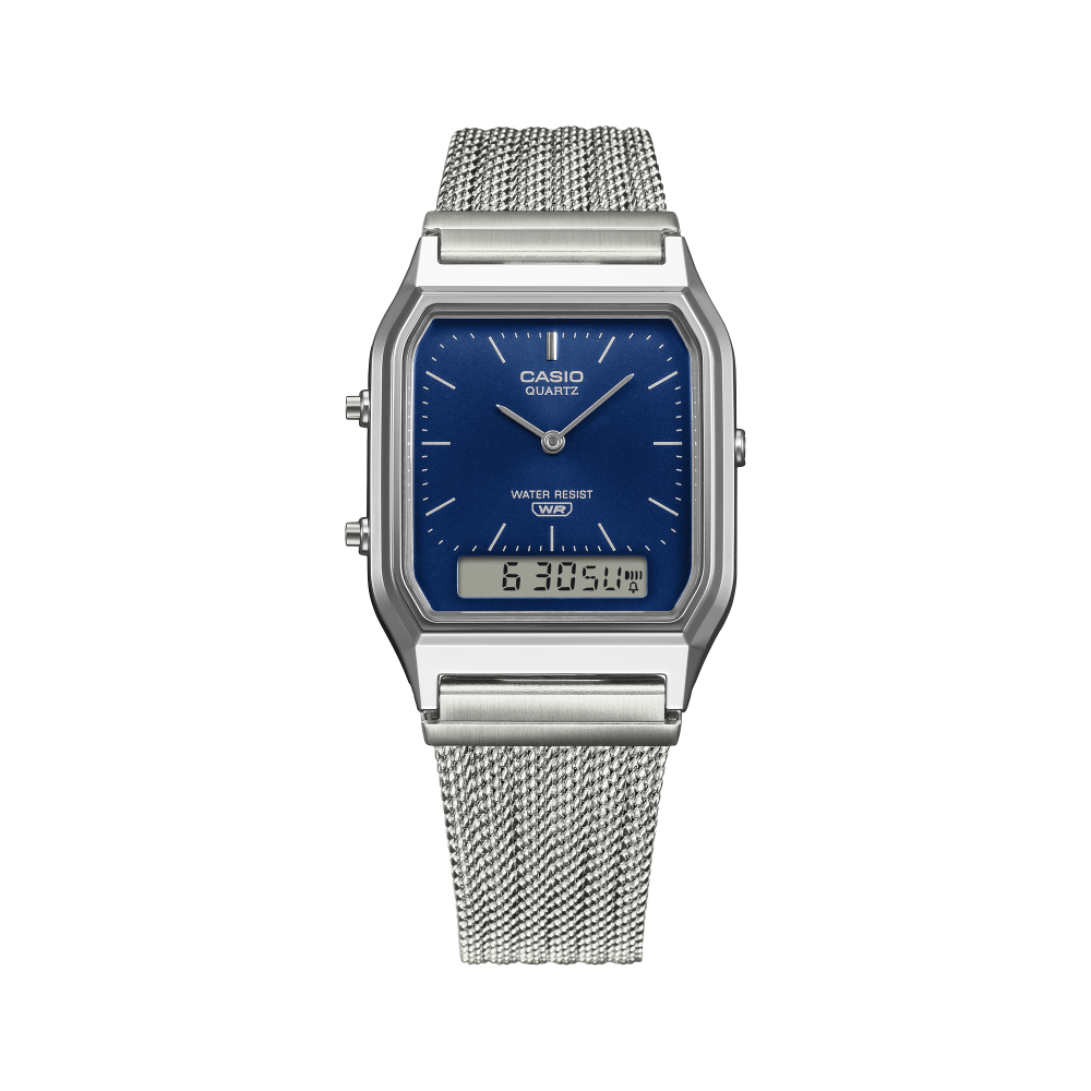 Collection Vintage - AQ-230EM-2AEF - Montre Casio – boîtier argenté, cadran bleu marine à aiguilles et écran numérique, bracelet maille en acier inoxydable – vue 5