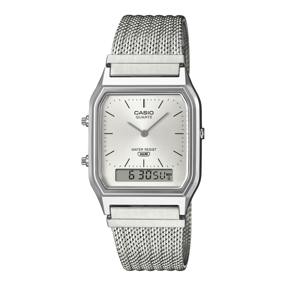 Collection Vintage - AQ-230EM-7AEF - Montre Casio – boîtier argenté chromé, cadran argenté avec écran LCD, bracelet maille en acier inoxydable – vue de face