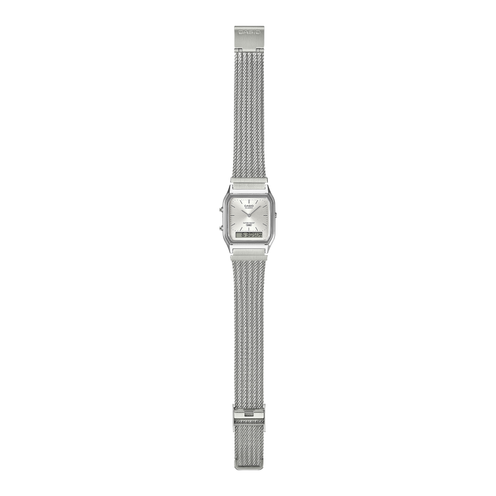 Collection Vintage - AQ-230EM-7AEF - Montre Casio – boîtier argenté chromé, cadran argenté avec écran LCD, bracelet maille en acier inoxydable – vue 5