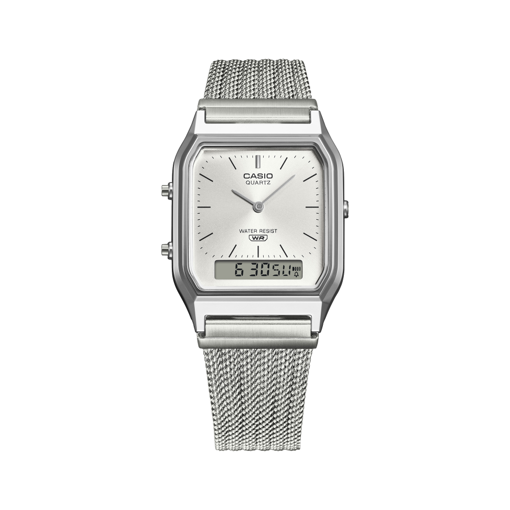 Collection Vintage - AQ-230EM-7AEF - Montre Casio – boîtier argenté chromé, cadran argenté avec écran LCD, bracelet maille en acier inoxydable – vue 4