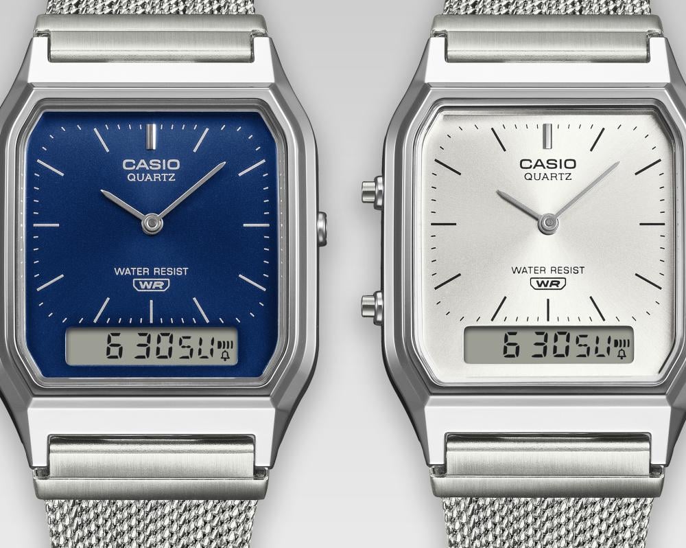 Collection Vintage - AQ-230EM-2AEF - Montre Casio – boîtier argenté, cadran bleu marine à aiguilles et écran numérique, bracelet maille en acier inoxydable – vue 4