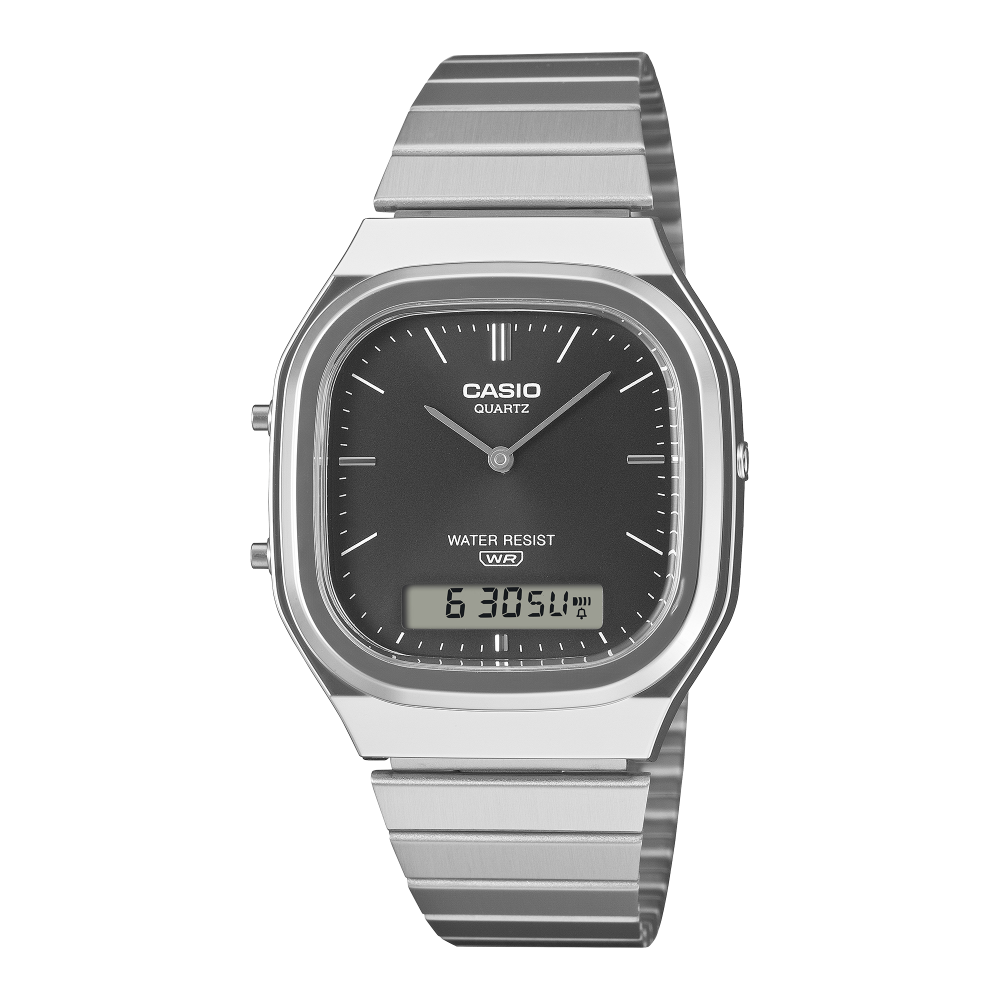 Collection Vintage - AQ-240E-1AEF - Montre Casio – boîtier argenté, cadran noir à aiguilles et écran numérique, bracelet en acier inoxydable – vue de face