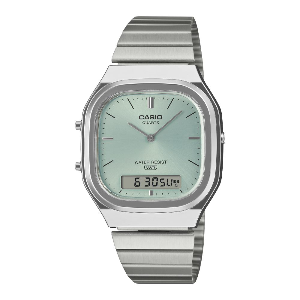 Collection Vintage - AQ-240E-2AEF - Montre Casio – boîtier argenté, cadran vert d'eau ensoleillé, bracelet en acier inoxydable – vue de face