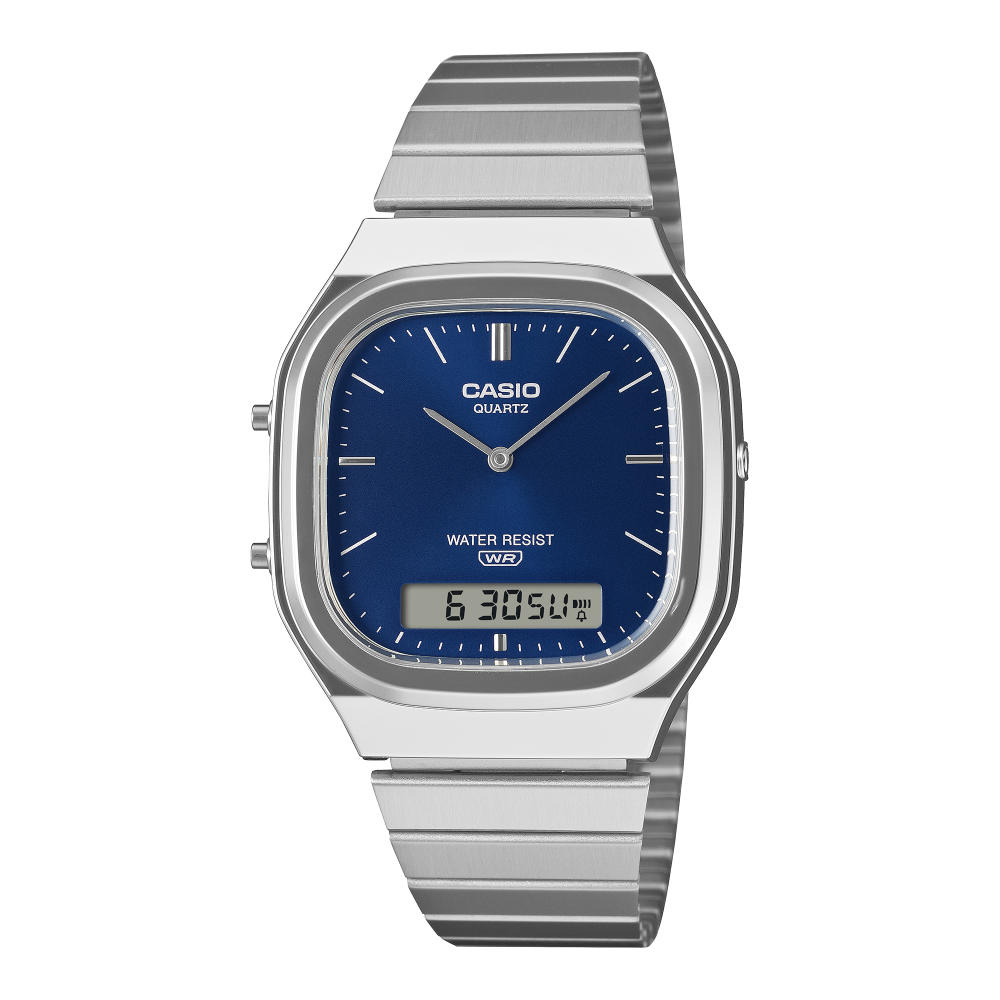 Collection Vintage - AQ-240E-2A2EF - Montre Casio – boîtier argenté, cadran bleu à double affichage, bracelet en acier inoxydable – vue de face