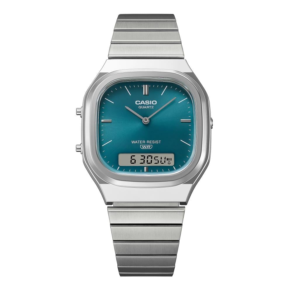 Collection Vintage - AQ-240E-3AEF - Montre Casio – boîtier argenté arrondi, cadran vert soleillé à index métalliques et écran numérique, bracelet en acier – vue 7