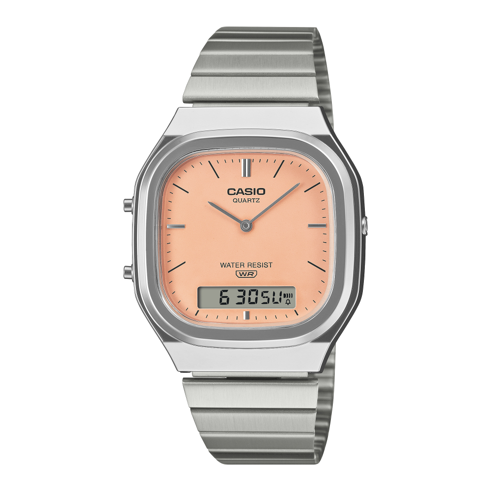Collection Vintage - AQ-240E-4AEF - Montre Casio – boîtier argenté, cadran orange pâle mat, bracelet en acier inoxydable – vue de face