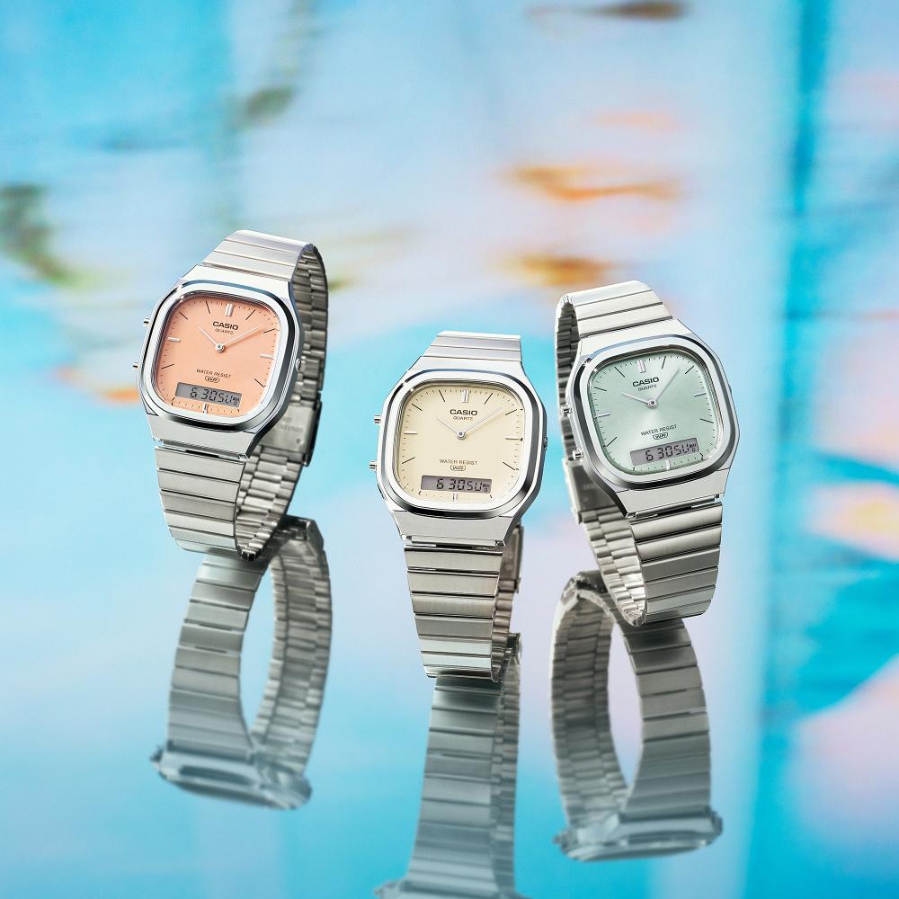Collection Vintage - AQ-240E-4AEF - Montre Casio – boîtier argenté, cadran orange pâle mat, bracelet en acier inoxydable – vue 5