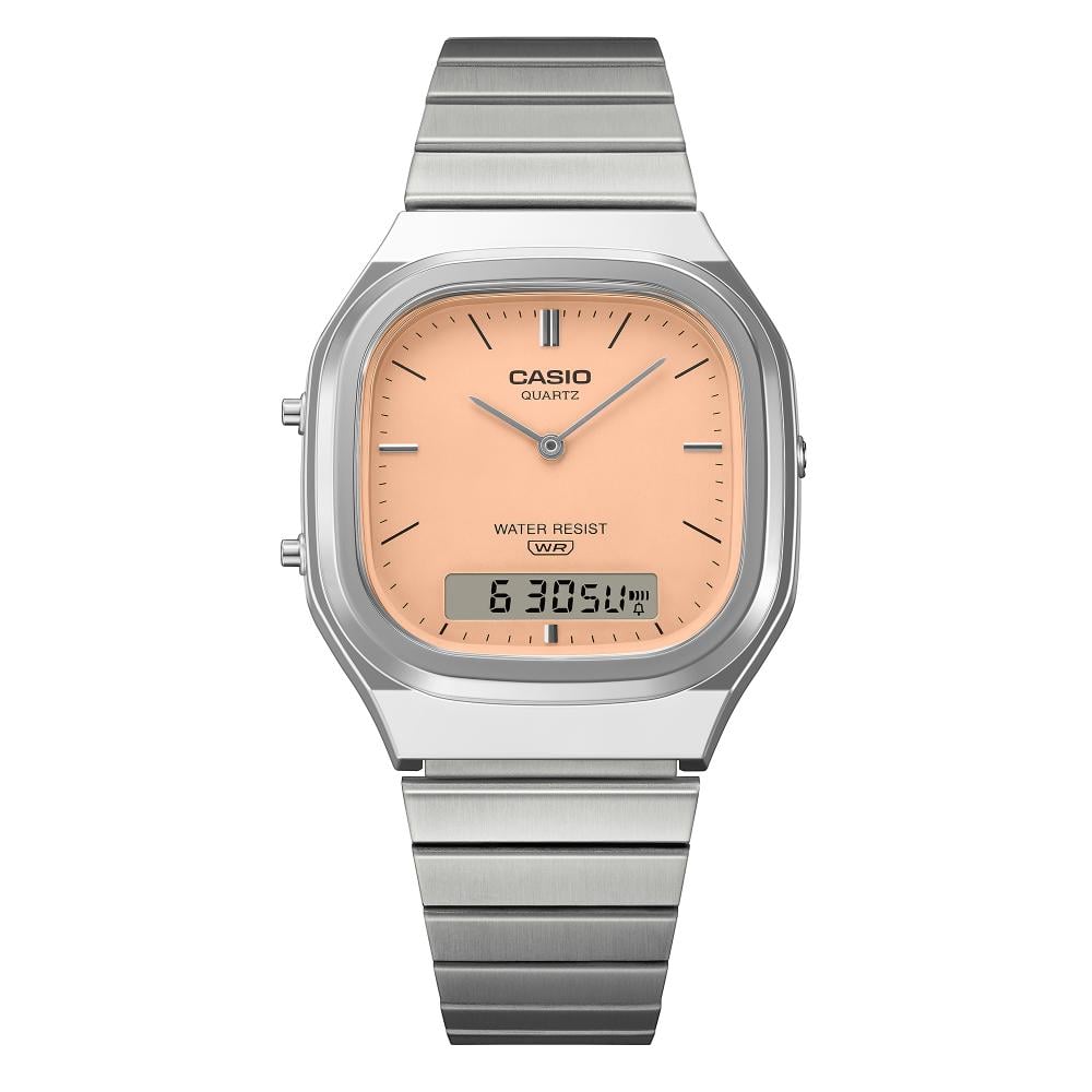 Collection Vintage - AQ-240E-4AEF - Montre Casio – boîtier argenté, cadran orange pâle mat, bracelet en acier inoxydable – vue 4