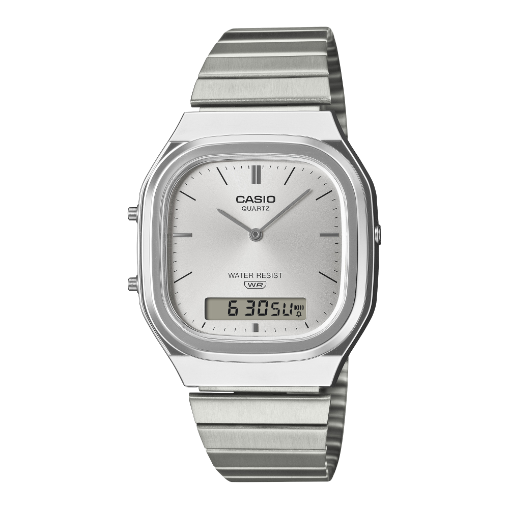 Collection Vintage - AQ-240E-7AEF - Montre Casio – boîtier argenté arrondi, cadran soleillé à index métalliques et écran numérique, bracelet en acier inoxydable – vue de face