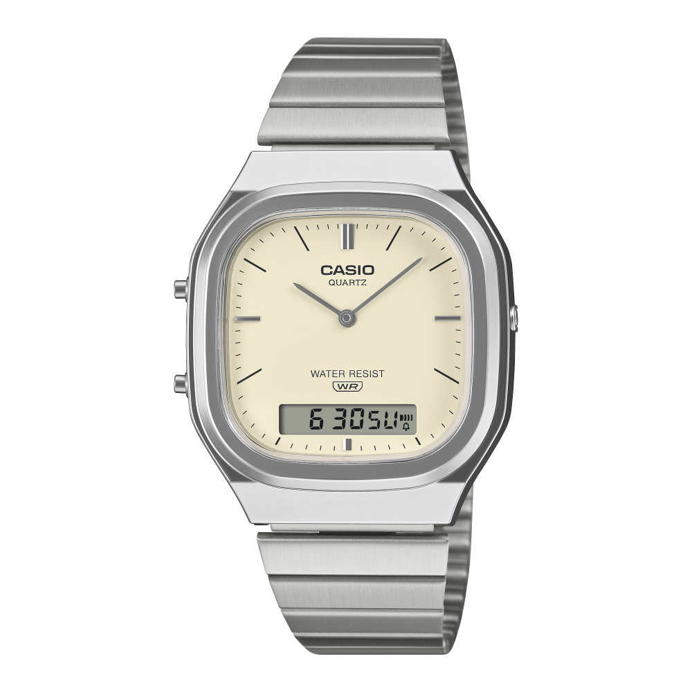 Collection Vintage - AQ-240E-7A2EF - Montre Casio – boîtier argenté aux contours arrondis, cadran blanc mat à aiguilles et écran numérique, bracelet en acier – vue de face