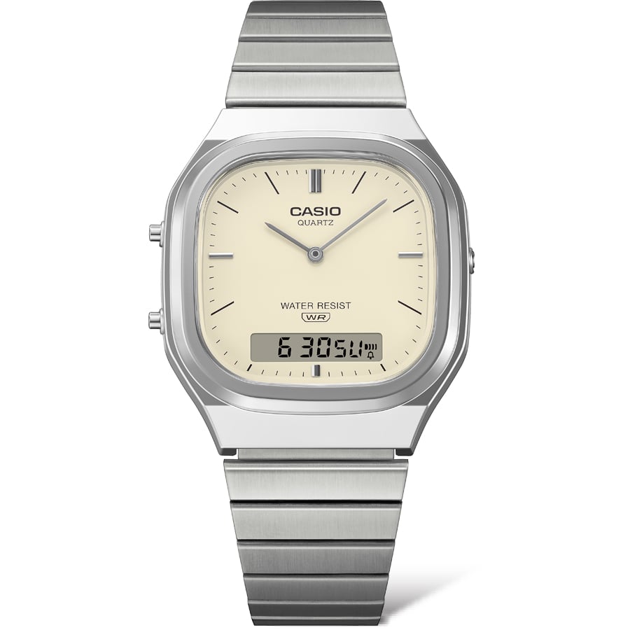 Collection Vintage - AQ-240E-7A2EF - Montre Casio – boîtier argenté aux contours arrondis, cadran blanc mat à aiguilles et écran numérique, bracelet en acier – vue 5