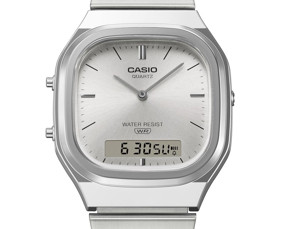 Collection Vintage - AQ-240E-7AEF - Montre Casio – boîtier argenté arrondi, cadran soleillé à index métalliques et écran numérique, bracelet en acier inoxydable – vue 5