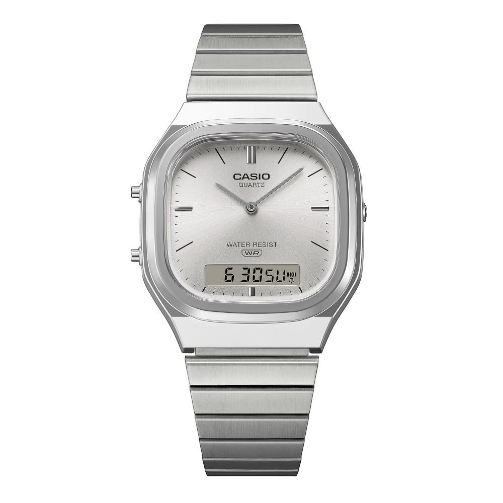 Collection Vintage - AQ-240E-7AEF - Montre Casio – boîtier argenté arrondi, cadran soleillé à index métalliques et écran numérique, bracelet en acier inoxydable – vue 7