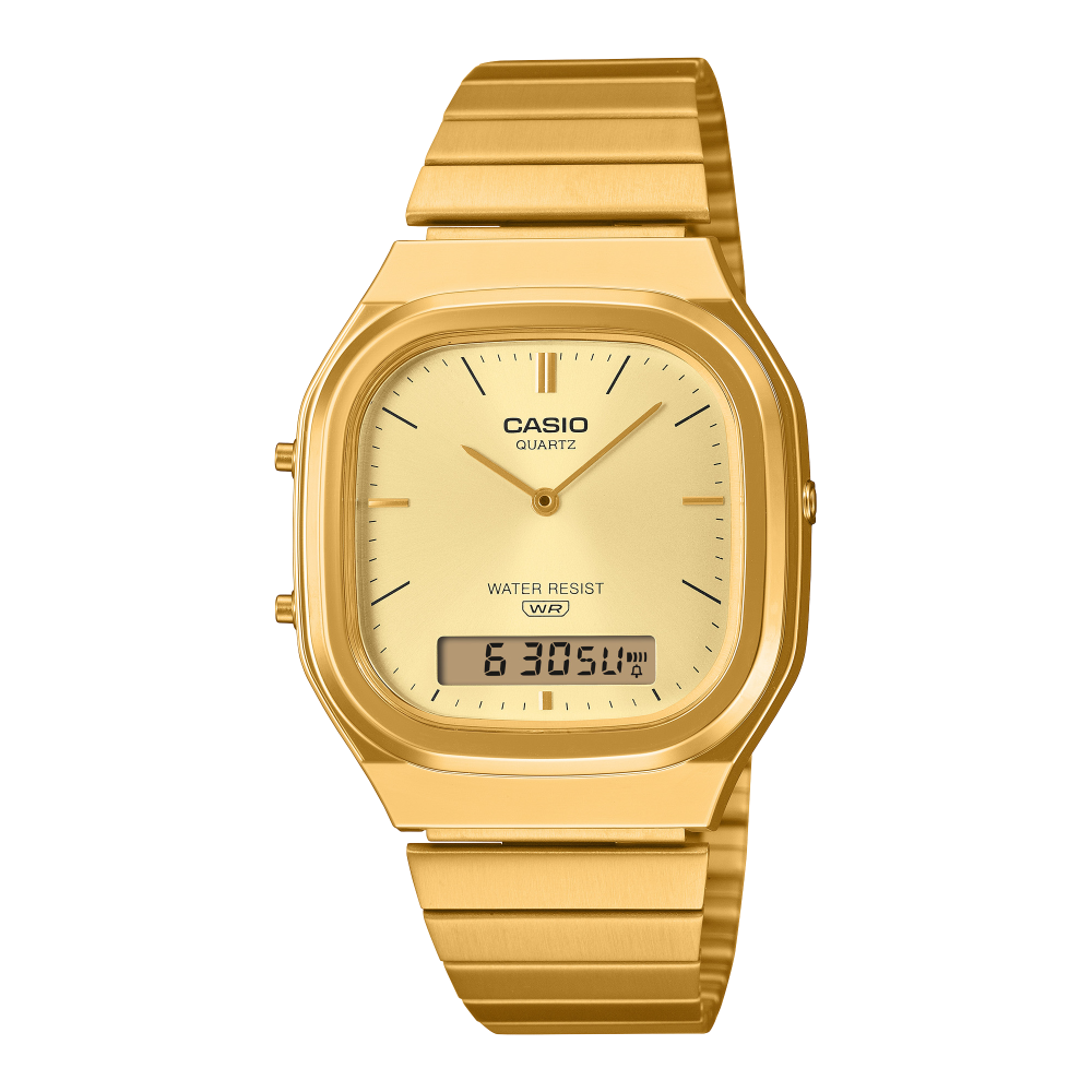 Collection Vintage - AQ-240EG-9AEF - Montre Casio – boîtier doré arrondi, cadran soleillé à index métalliques et écran numérique, bracelet en acier doré – vue de face