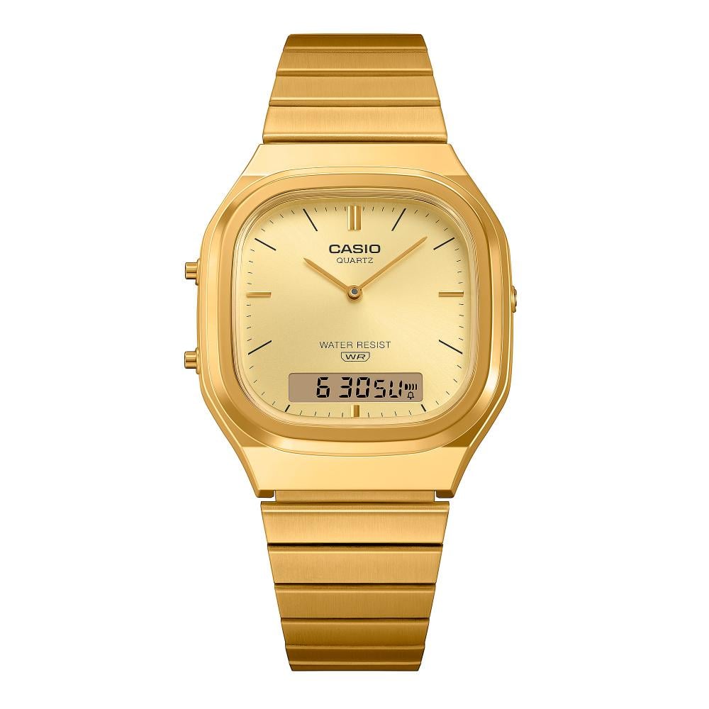 Collection Vintage - AQ-240EG-9AEF - Montre Casio – boîtier doré arrondi, cadran soleillé à index métalliques et écran numérique, bracelet en acier doré – vue 7