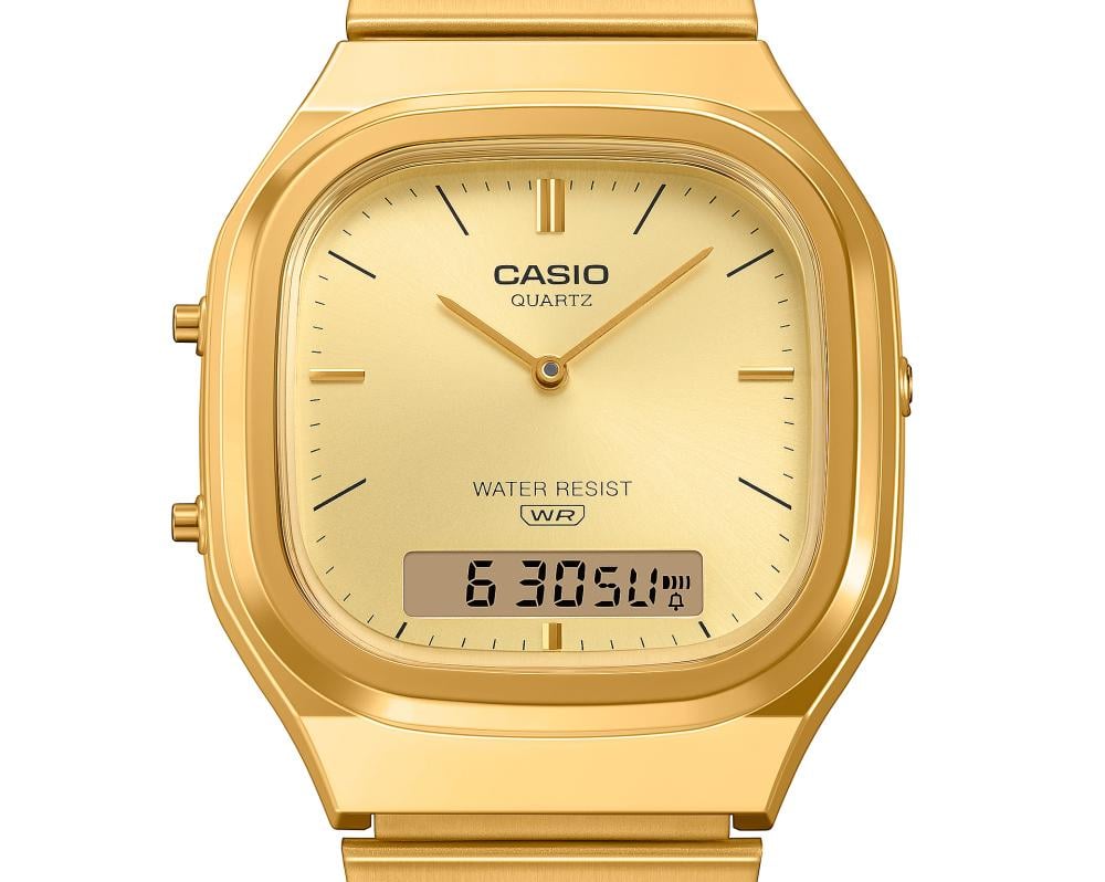 Collection Vintage - AQ-240EG-9AEF - Montre Casio – boîtier doré arrondi, cadran soleillé à index métalliques et écran numérique, bracelet en acier doré – vue 5