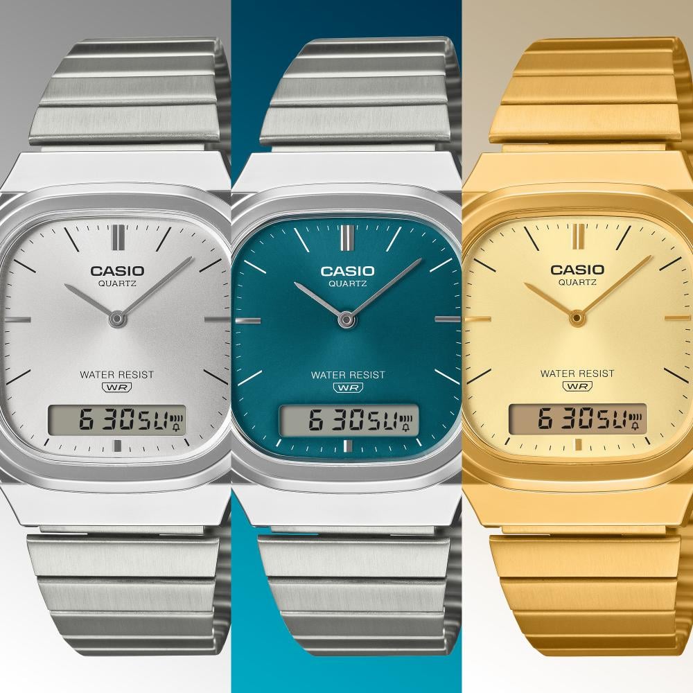 Collection Vintage - AQ-240E-3AEF - Montre Casio – boîtier argenté arrondi, cadran vert soleillé à index métalliques et écran numérique, bracelet en acier – vue 6