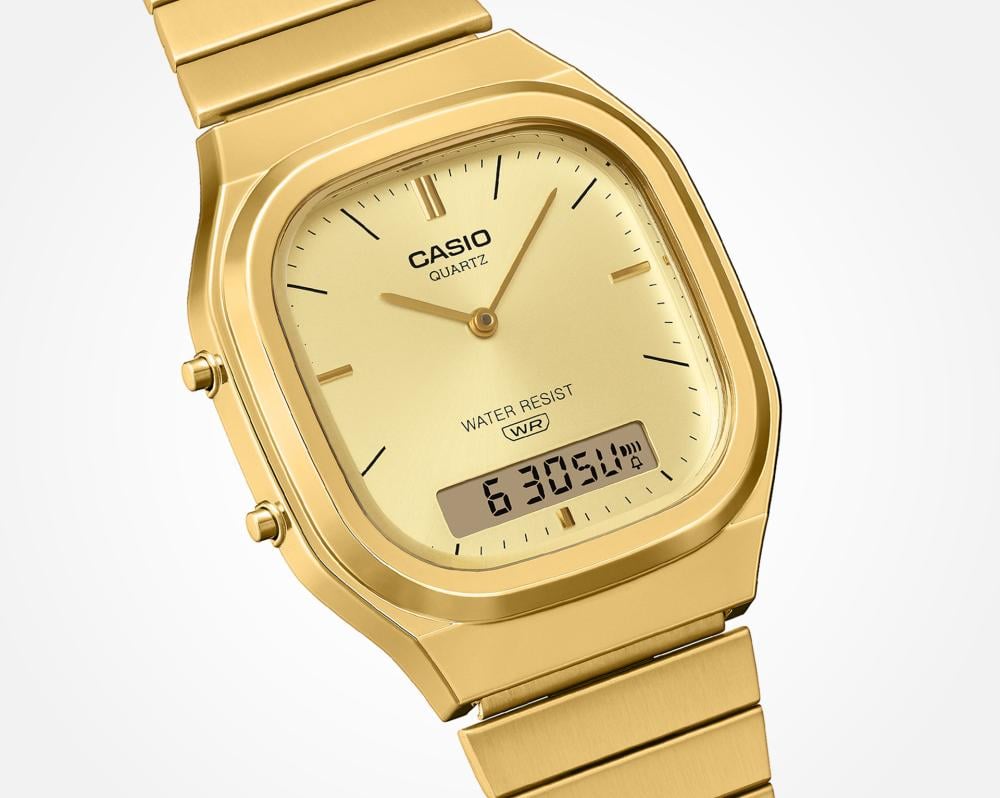 Collection Vintage - AQ-240EG-9AEF - Montre Casio – boîtier doré arrondi, cadran soleillé à index métalliques et écran numérique, bracelet en acier doré – vue 4