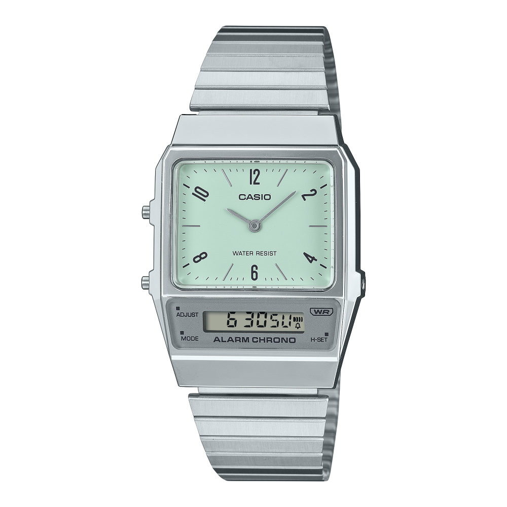 Collection Vintage - AQ-800E-3AEF - Montre Casio – boîtier oblong argenté, cadran vert avec aiguilles et écran LCD séparé, bracelet en acier à barres horizontales – vue de face