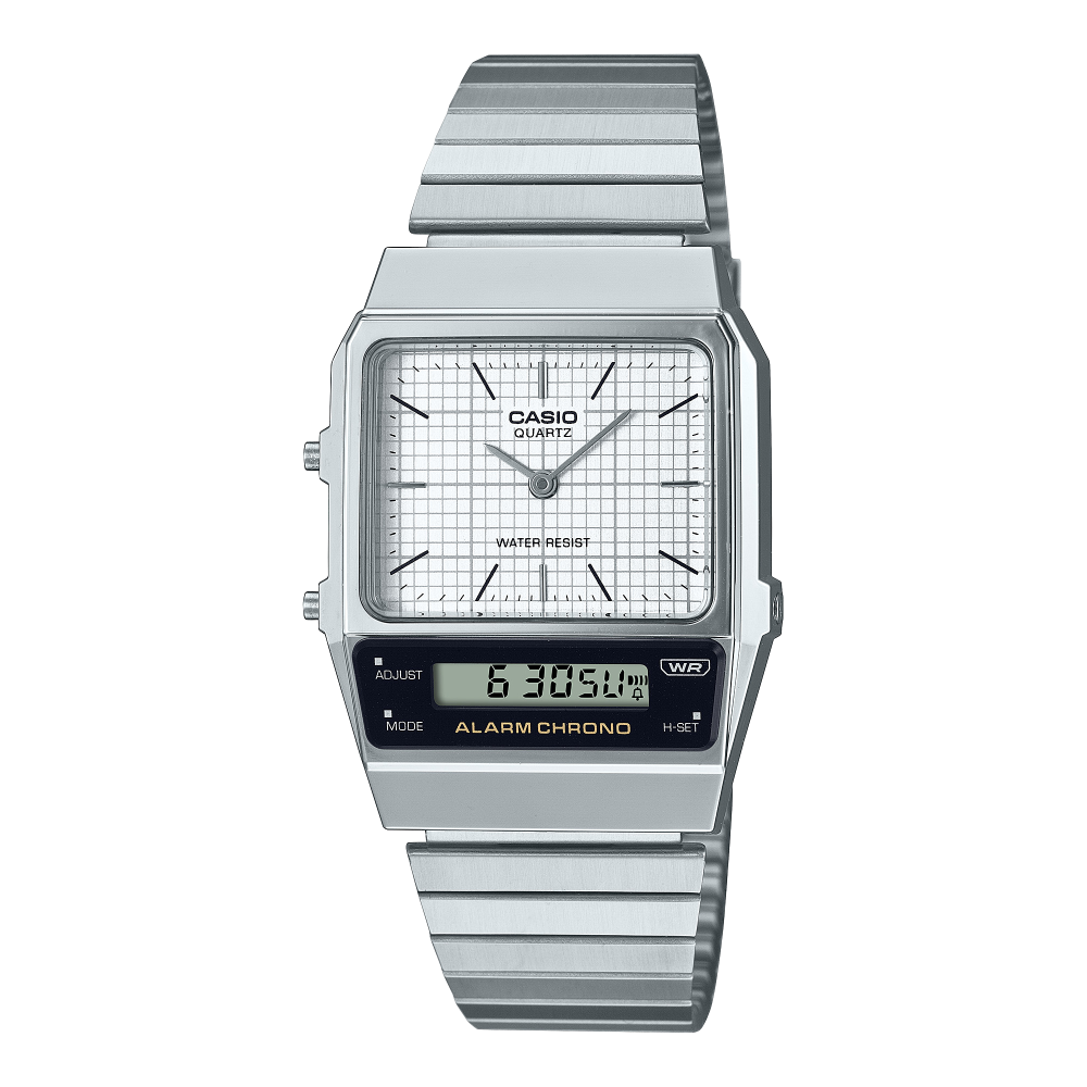 Collection Vintage - AQ-800E-7AEF - Montre Casio – boîtier angulaire argenté, cadran quadrillé avec index bâtons et écran LCD, bracelet à maillons droits en acier – vue de face