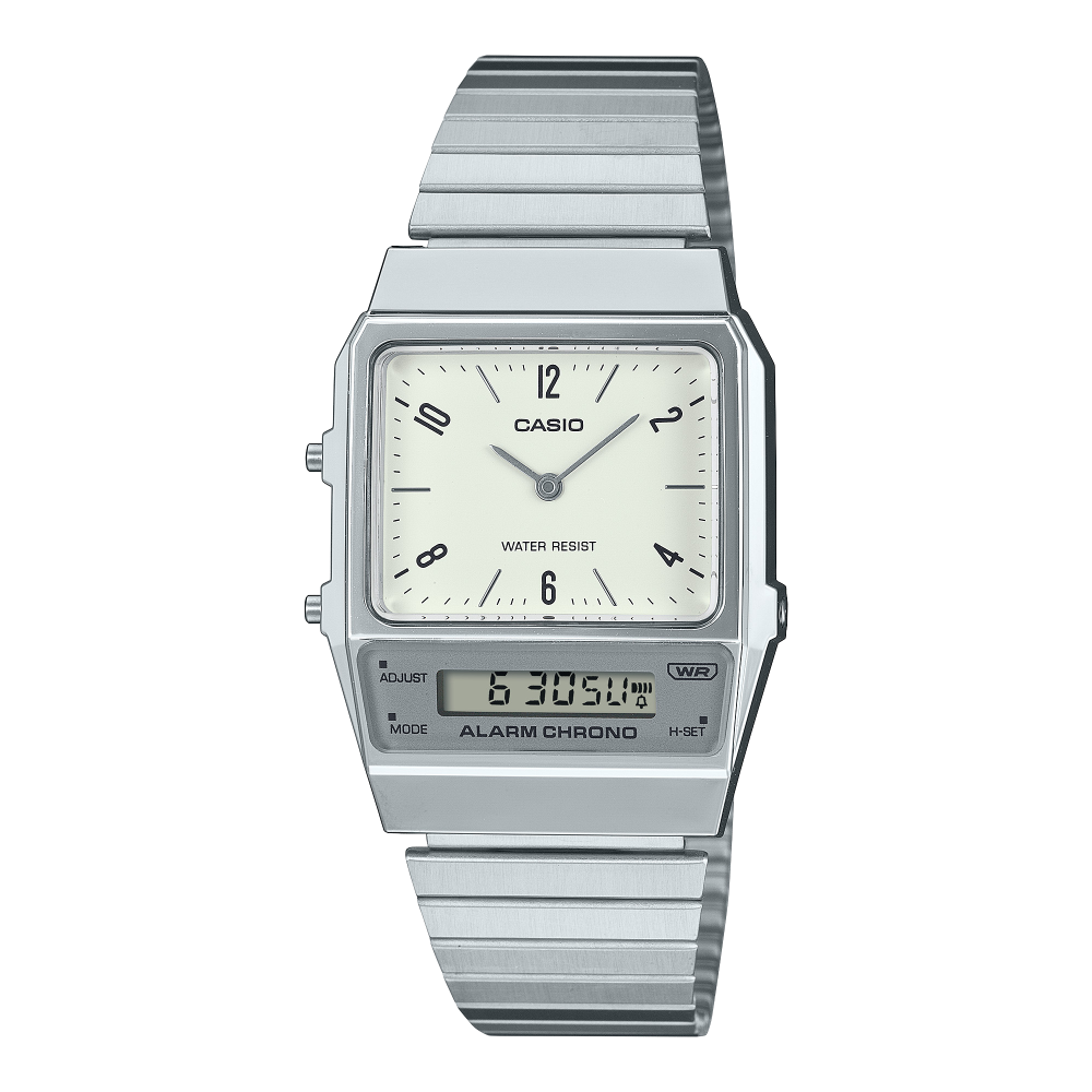 Collection Vintage - AQ-800E-7A2EF - Montre Casio – boîtier oblong argenté, cadran à aiguilles et écran LCD séparés, bracelet en acier à barres horizontales – vue de face