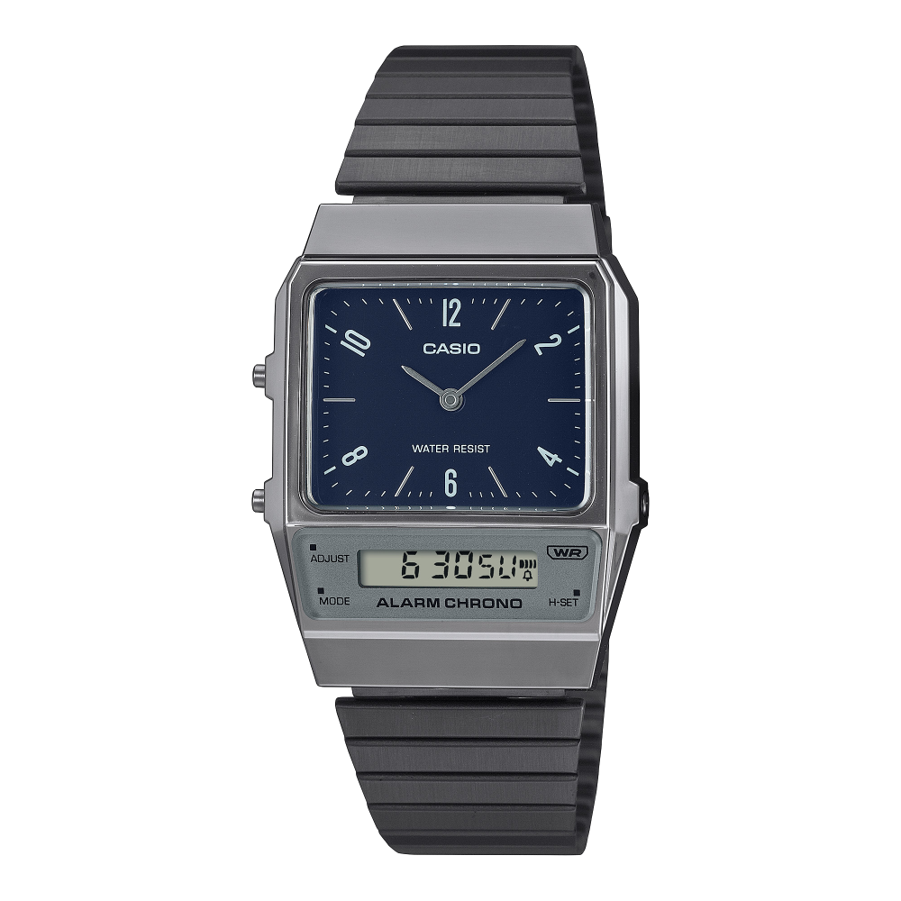 Collection Vintage - AQ-800EB-2AEF - Montre Casio – boîtier oblong argenté, cadran bleu avec aiguilles et écran LCD, bracelet en acier à placage ionique gris – vue de face