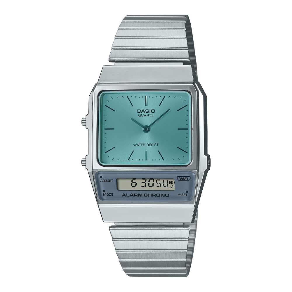 Collection Vintage - AQ-800EC-2AEF - Montre Casio – boîtier argenté, verre coloré bleu, double affichage, bracelet en acier inoxydable – vue de face